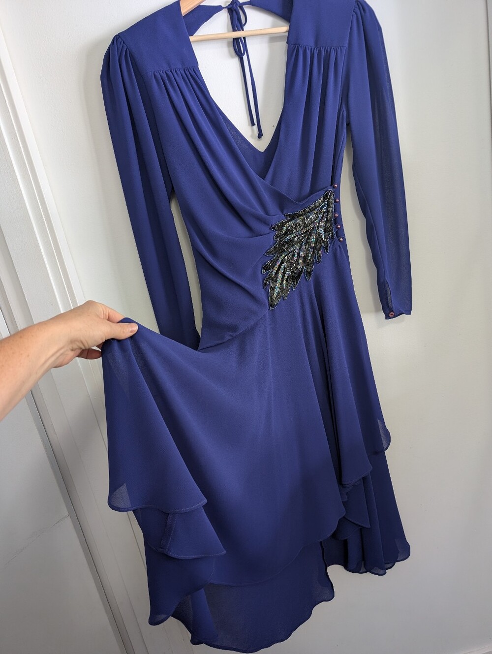Vintage 80s Eletra Casadei XS Wrap Dress Royal Blue Beaded Leaf Asymmetrical Hem